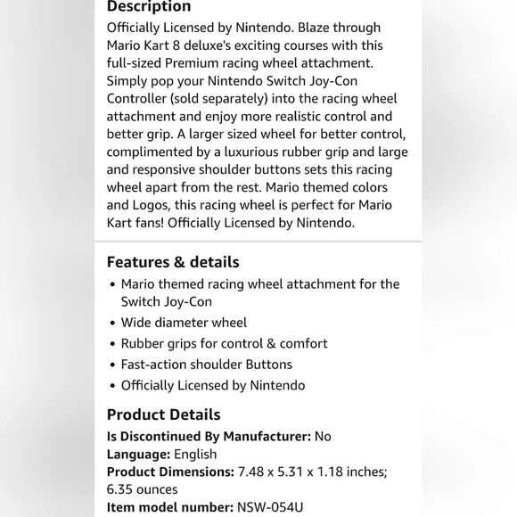 Nintendo Switch Mario Kart 8 Deluxe Wheel - Picture 5 of 10